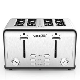 Toaster 4 Slice, Geek Chef Stainless Steel Extra-Wide Slot Toaster With Dual Control Panels Of Bagel,Defrost,Cancel Fu