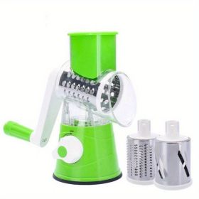 Vegetable Slicer, 3 in 1 Round Veggie Chopper Fruit Cutter Cheese Shredder Rotary Drum Grater with 3 Stainless Steel Blades,1 Julienne peeler and 1 Br (Color: Green)